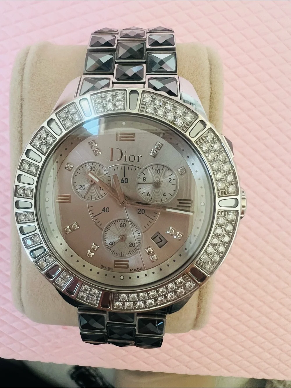Dior watch featuring gray sapphire crystals and diamonds.